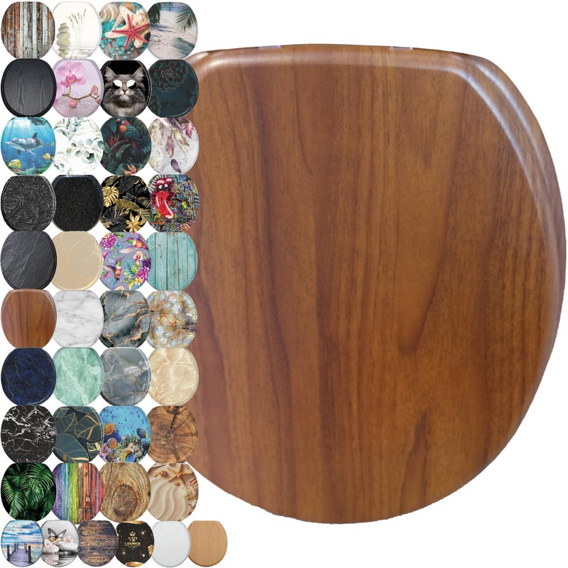 SANILO Wooden Toilet Seat with Soft Close [ROUND] - Decorative, Quiet & Slow Close Molded Wood Seat - With Strong Bumpers & Hinges - Adjustable Fit â€“ Mahogany - Image 1
